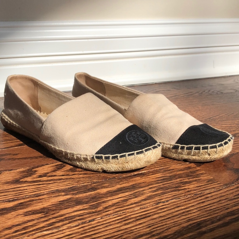 Tory Burch Black and Tan flat espadrilles